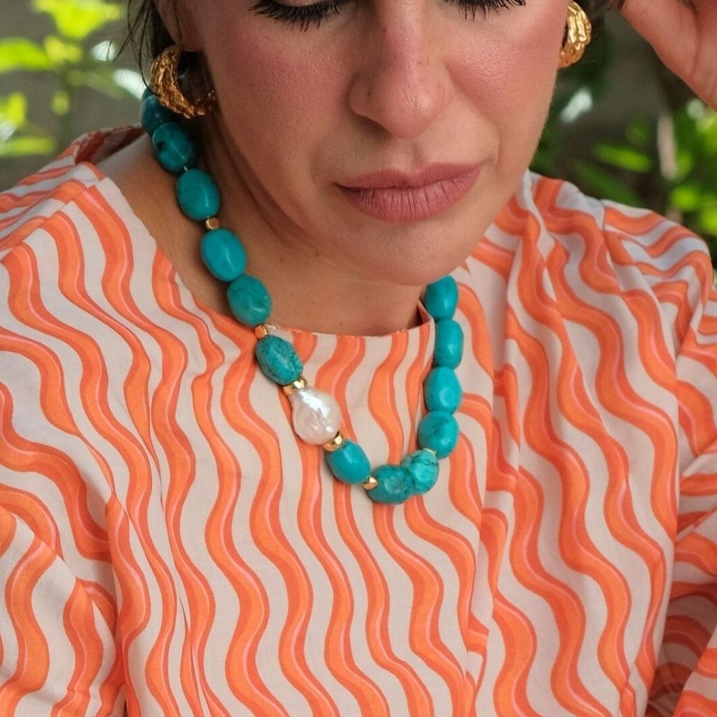 LINYA JEWELLERY - Kallisti Turquoise Gemstone Necklace with Baroque Pearl, buy at DOORS NYC