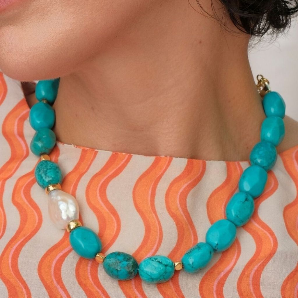 LINYA JEWELLERY - Kallisti Turquoise Gemstone Necklace with Baroque Pearl, buy at DOORS NYC