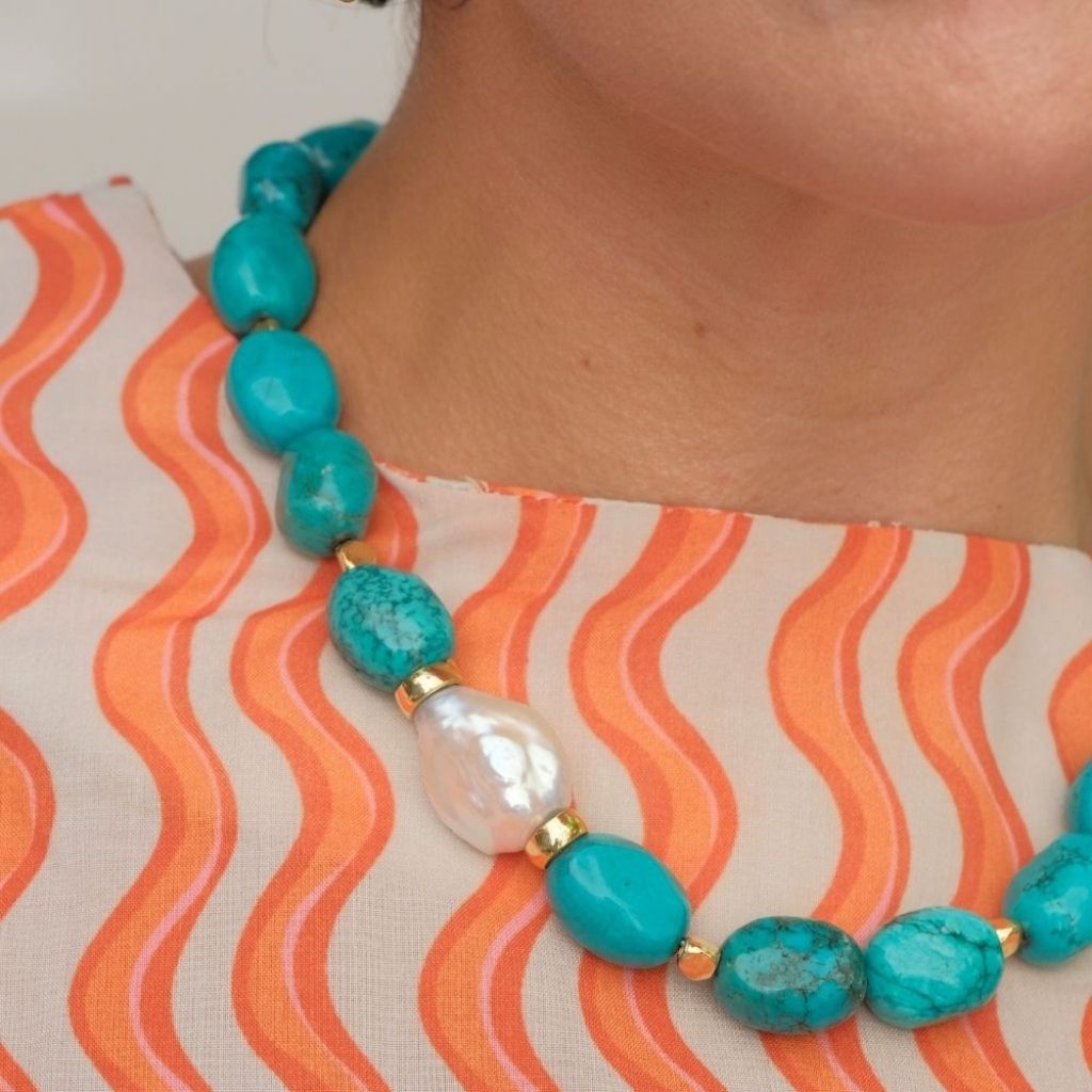 LINYA JEWELLERY - Kallisti Turquoise Gemstone Necklace with Baroque Pearl, buy at DOORS NYC