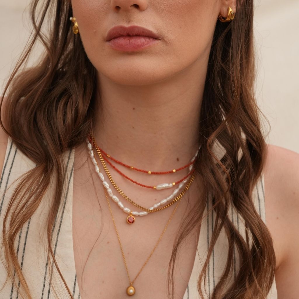 LINYA JEWELLERY - Kely Red Coral Beaded Necklace with Pearl Detail, buy at DOORS NYC