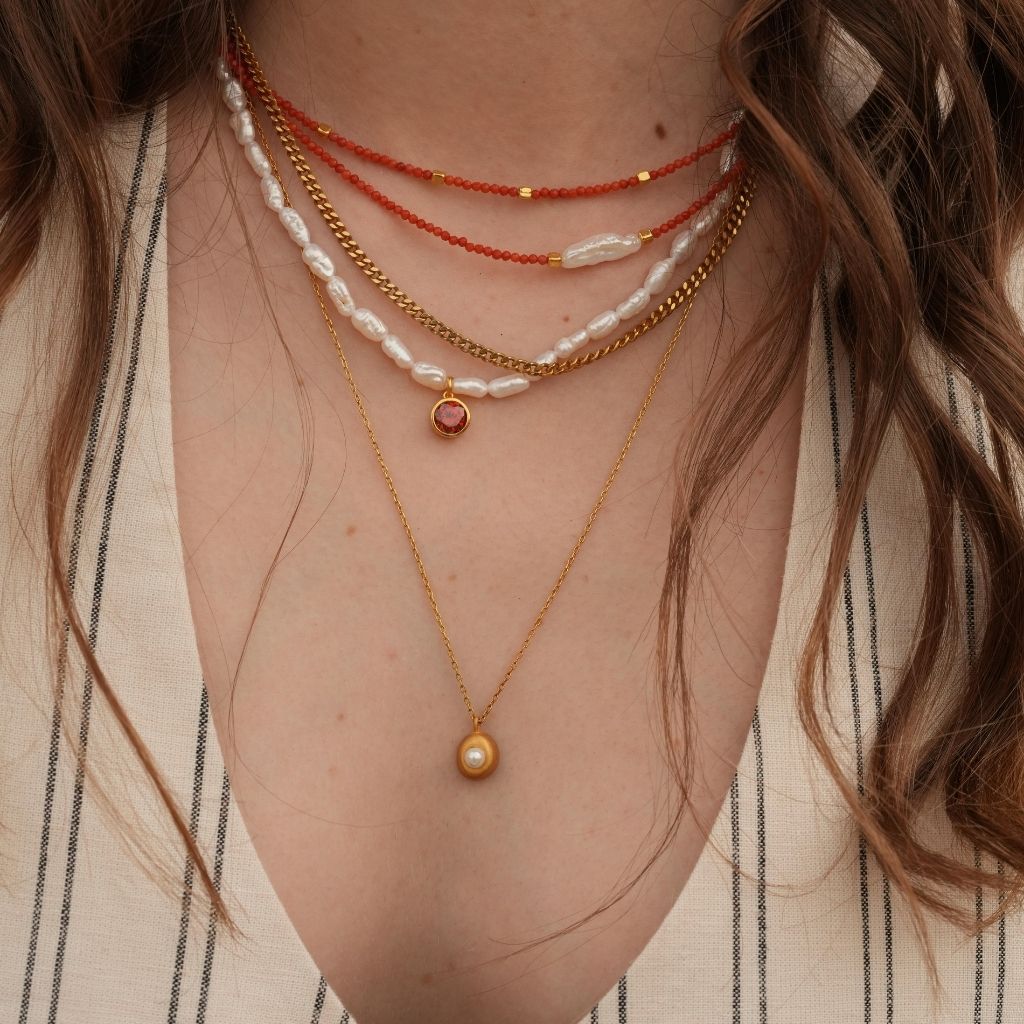 LINYA JEWELLERY - Kely Red Coral Beaded Necklace with Pearl Detail, buy at DOORS NYC