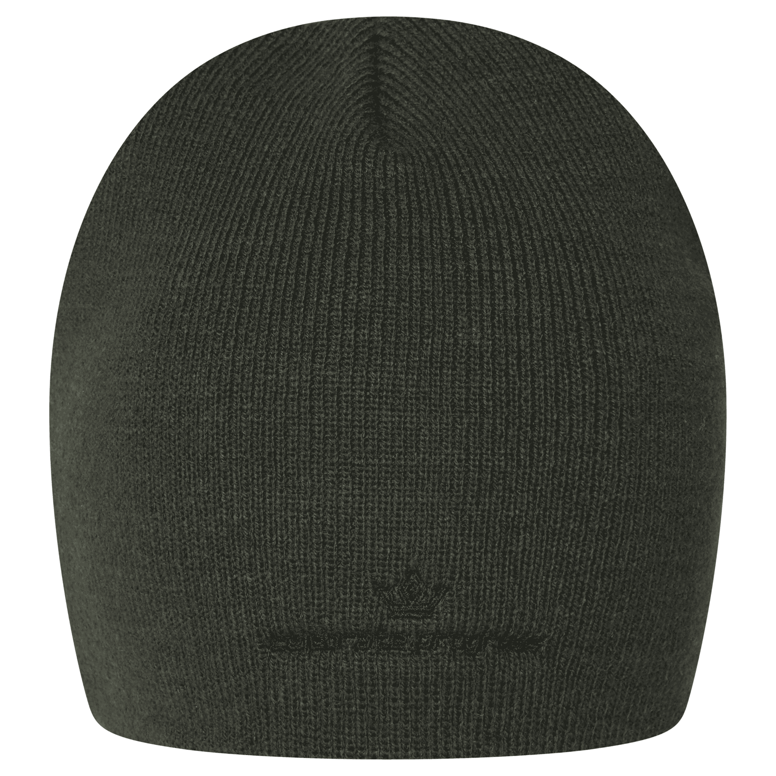 Front view of khaki black beanie hat with APARA LOADING embroidery by ACRA