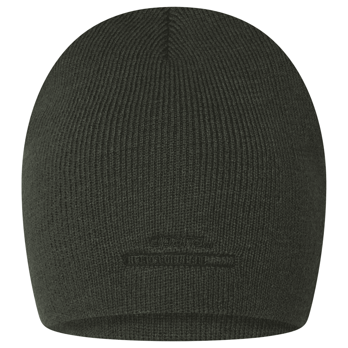 Reverse back view showing khaki skeleton crown embroidery on black beanie