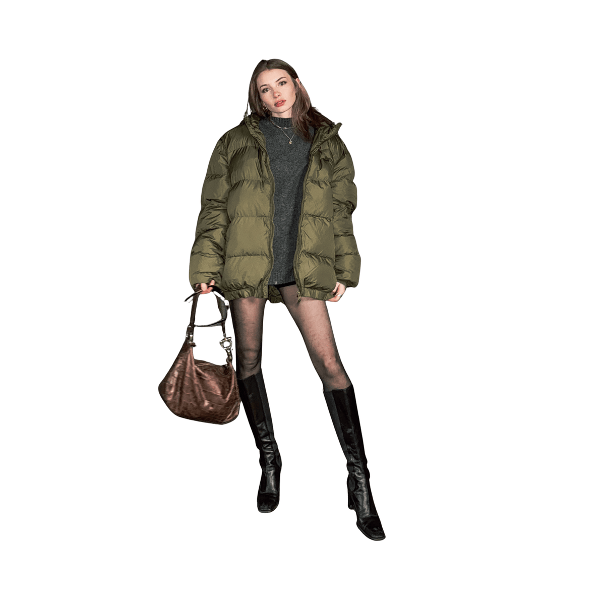 Khaki Oversized Puffer Jacket with Embroidery