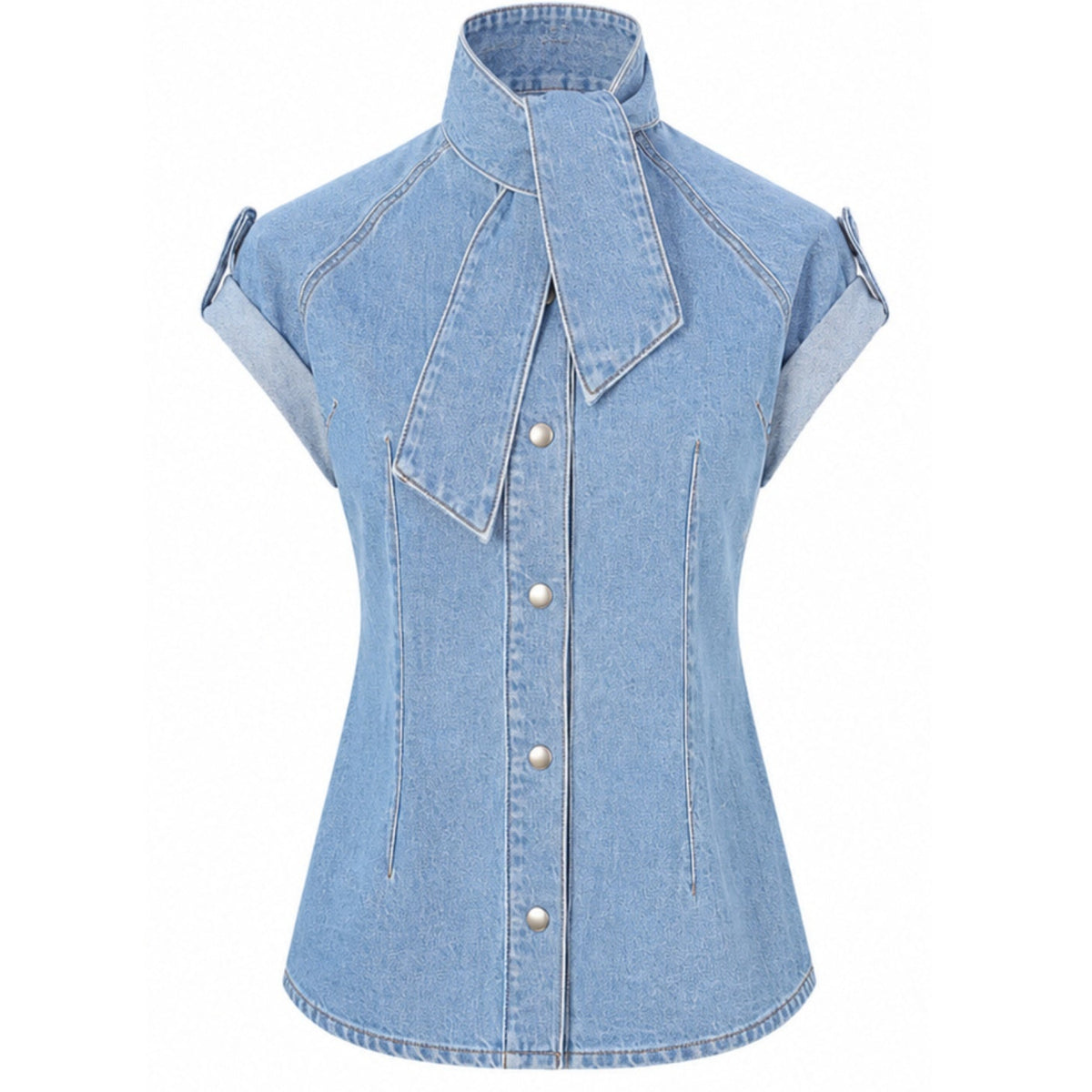 Introducing the La Chemise Cravate — Light Blue by SOEUR &amp; FRÈRES: a sleeveless, relaxed-fit denim shirt in 100% cotton, featuring a high collar with an integrated tie detail at the neck, silver snap buttons, and visible white seam stitching, presented against a white background.