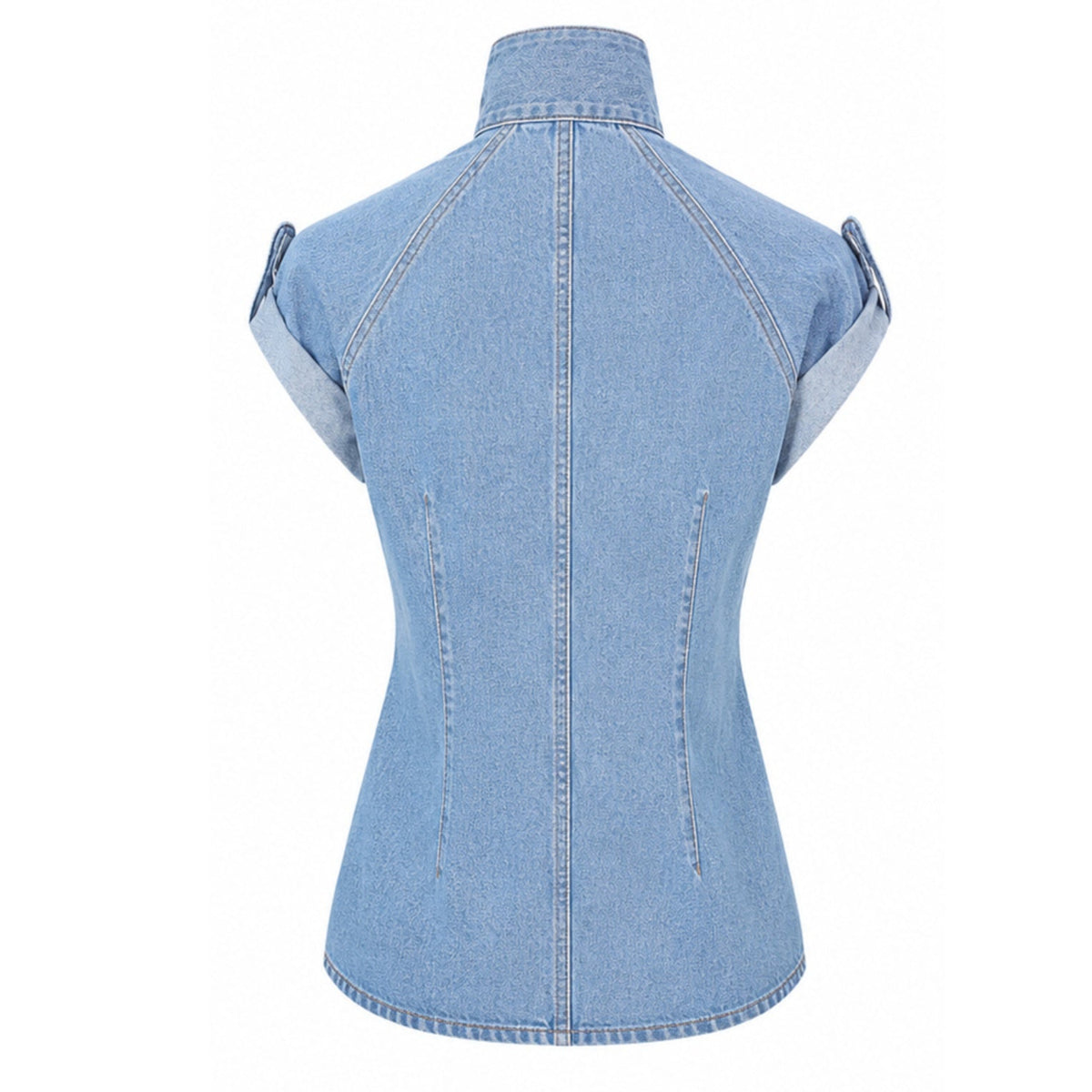 Back view of La Chemise Cravate — Light Blue by SOEUR &amp; FRÈRES, a short-sleeve, fitted denim shirt with a high collar and vertical seams for a tailored look, crafted from 100% cotton.