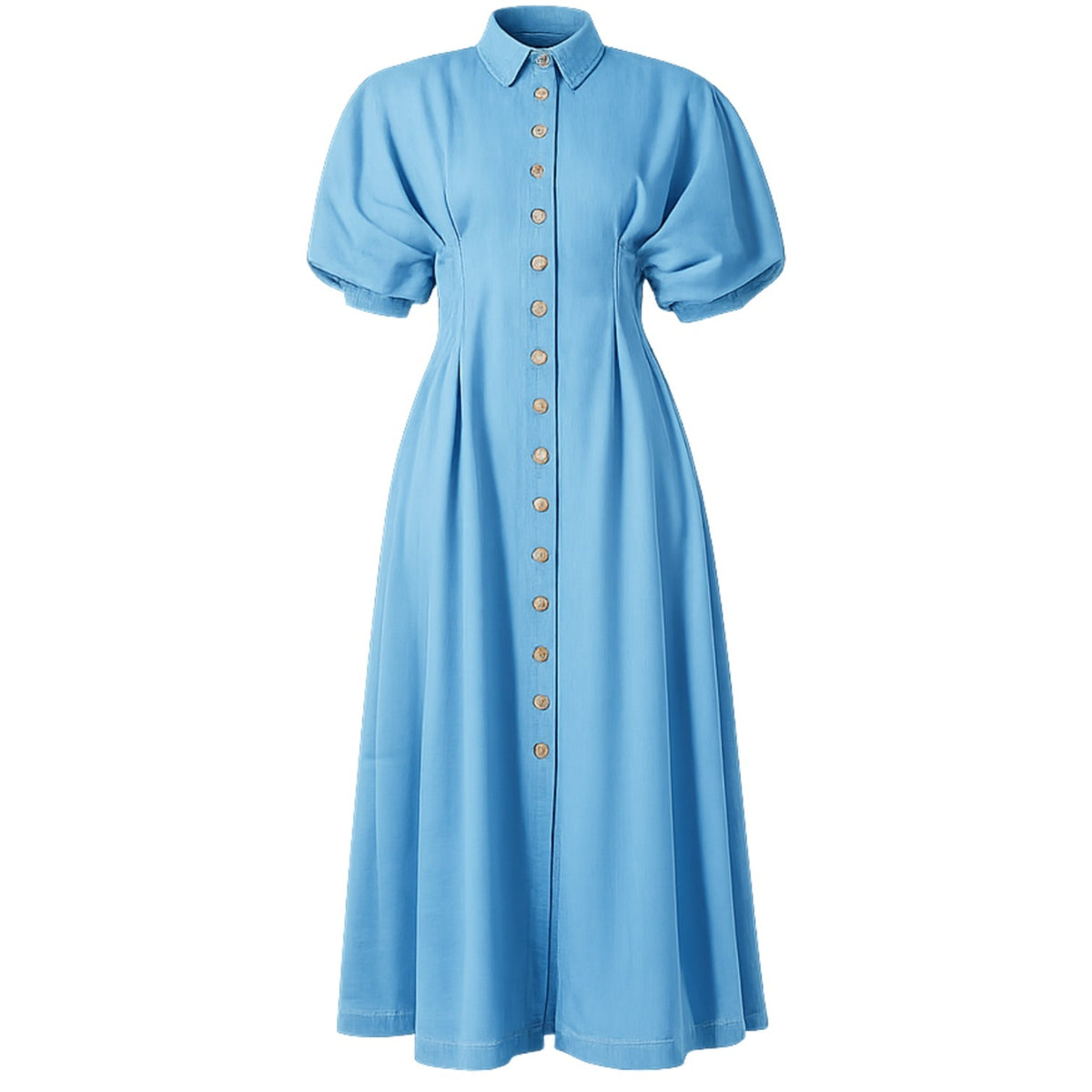 Introducing the La Robe - Light Wash by SOEUR &amp; FRÈRES—this light blue, short-sleeve midi denim dress features statement puffed sleeves, a collared neckline, and a button-down front. Crafted with premium materials and modern tailoring, it boasts a fitted waist and flared skirt for an effortlessly polished silhouette.