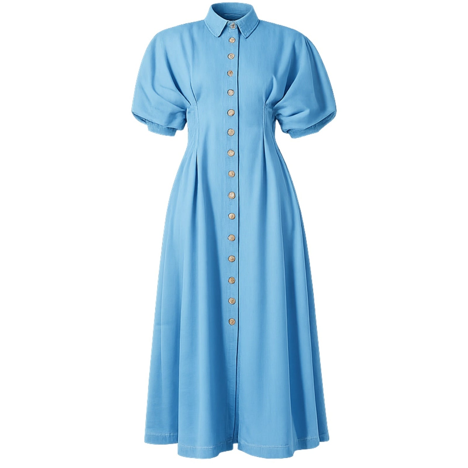 Introducing the La Robe - Light Wash by SOEUR & FRÈRES—this light blue, short-sleeve midi denim dress features statement puffed sleeves, a collared neckline, and a button-down front. Crafted with premium materials and modern tailoring, it boasts a fitted waist and flared skirt for an effortlessly polished silhouette.