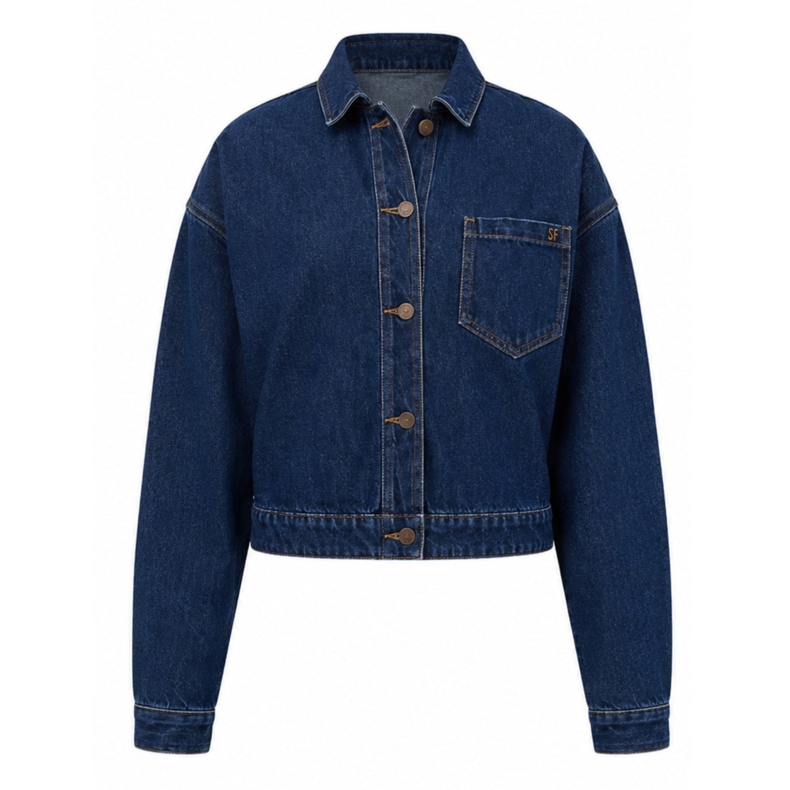 SOEUR & FRÈRES La Veste Courte — Stone Blue |PR Sample: A cropped denim jacket in a stone blue wash, featuring long sleeves, front button closure, a collar, and a single left chest pocket. This simple yet classic design offers a structured fit with visible orange stitching accents.