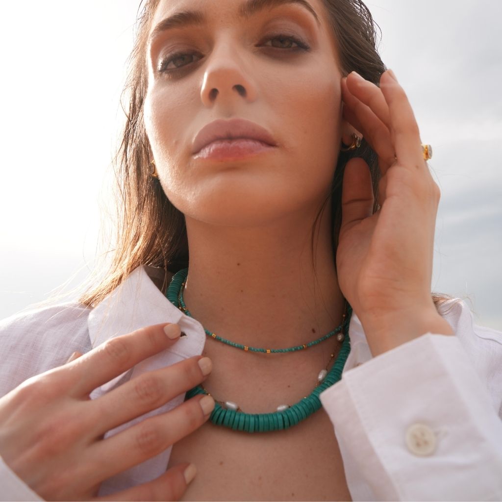 LINYA JEWELLERY - Lana Turquoise Beaded Necklace with Gold Ball Accents, buy at DOORS NYC