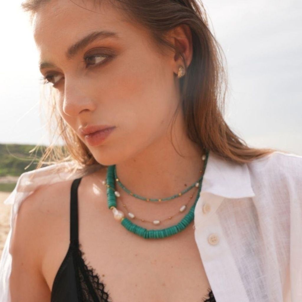 LINYA JEWELLERY - Lana Turquoise Beaded Necklace with Gold Ball Accents, buy at DOORS NYC