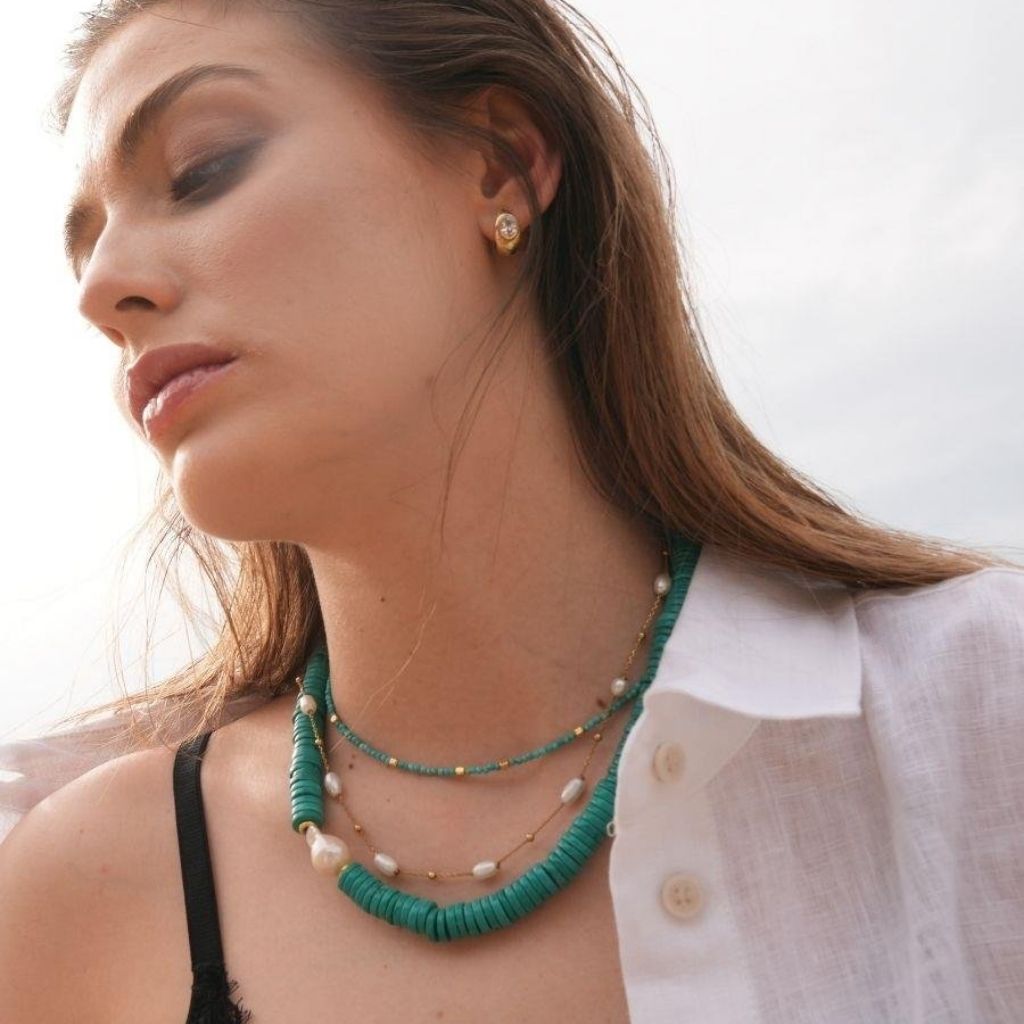 LINYA JEWELLERY - Lana Turquoise Beaded Necklace with Gold Ball Accents, buy at DOORS NYC