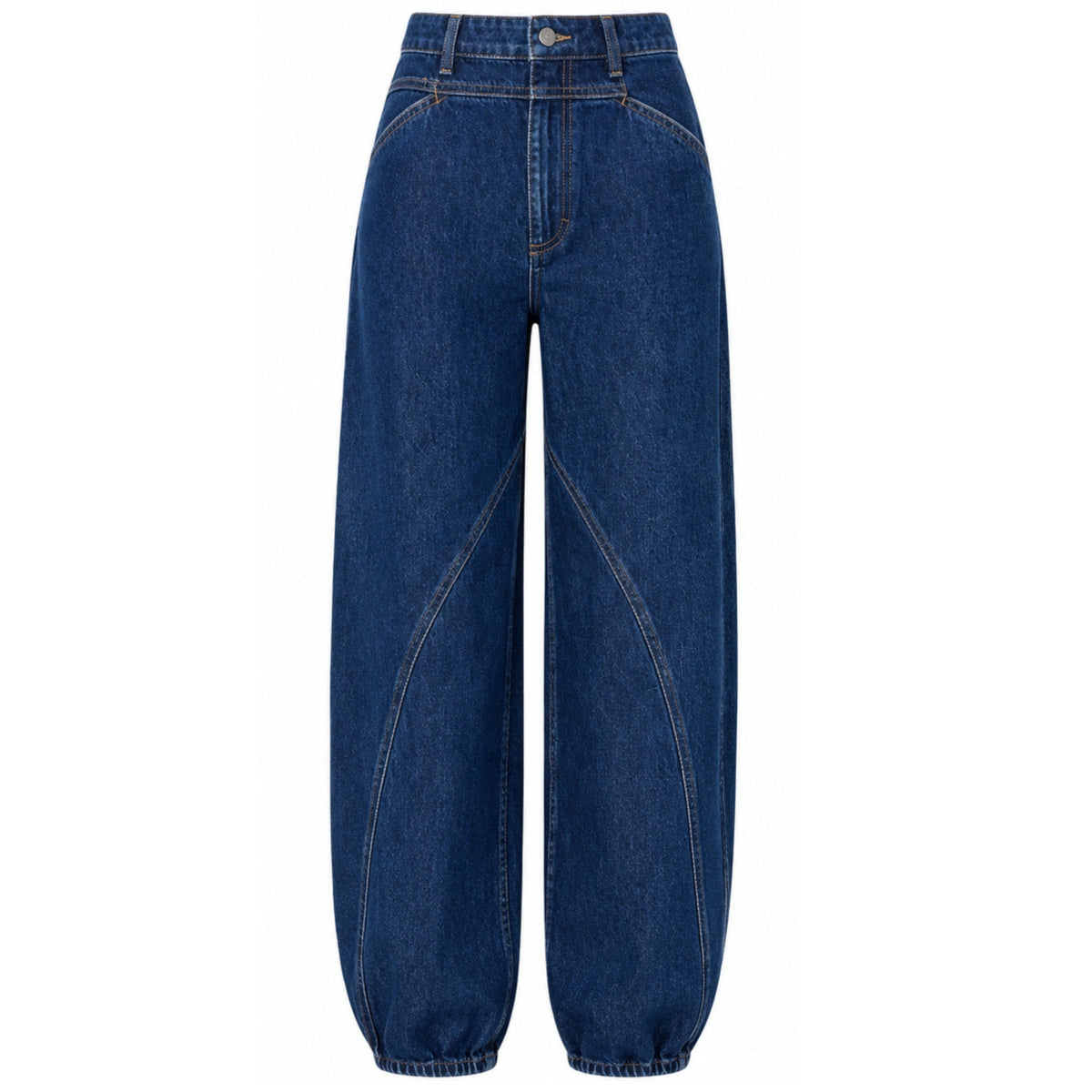 Introducing Le Barrel — Stone Blue from SOEUR &amp; FRÈRES: these high-waisted, wide-leg jeans feature a distinctive stone blue wash, prominent front stitching, and gathered hems. Designed for a relaxed fit, they offer a button and zip closure, side pockets, and an eye-catching curved seam detail on the front.