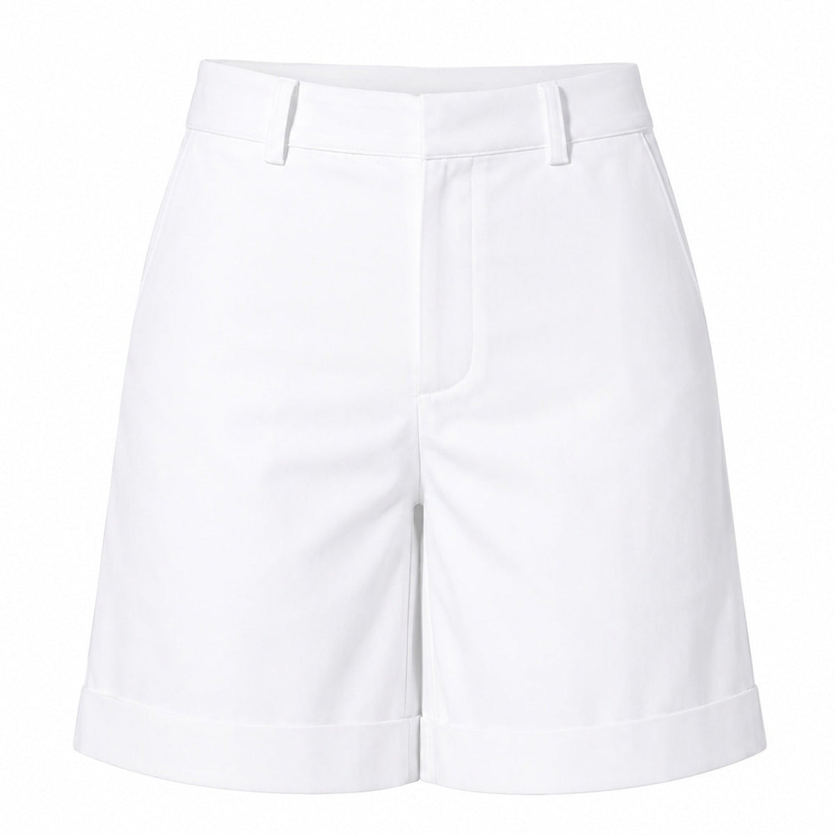 Le Bermuda — Optic White from SOEUR &amp; FRÈRES: high-rise tailored shorts featuring belt loops, a front zipper, and cuffed hems, crafted from crisp optic white denim and showcased against a plain white background.