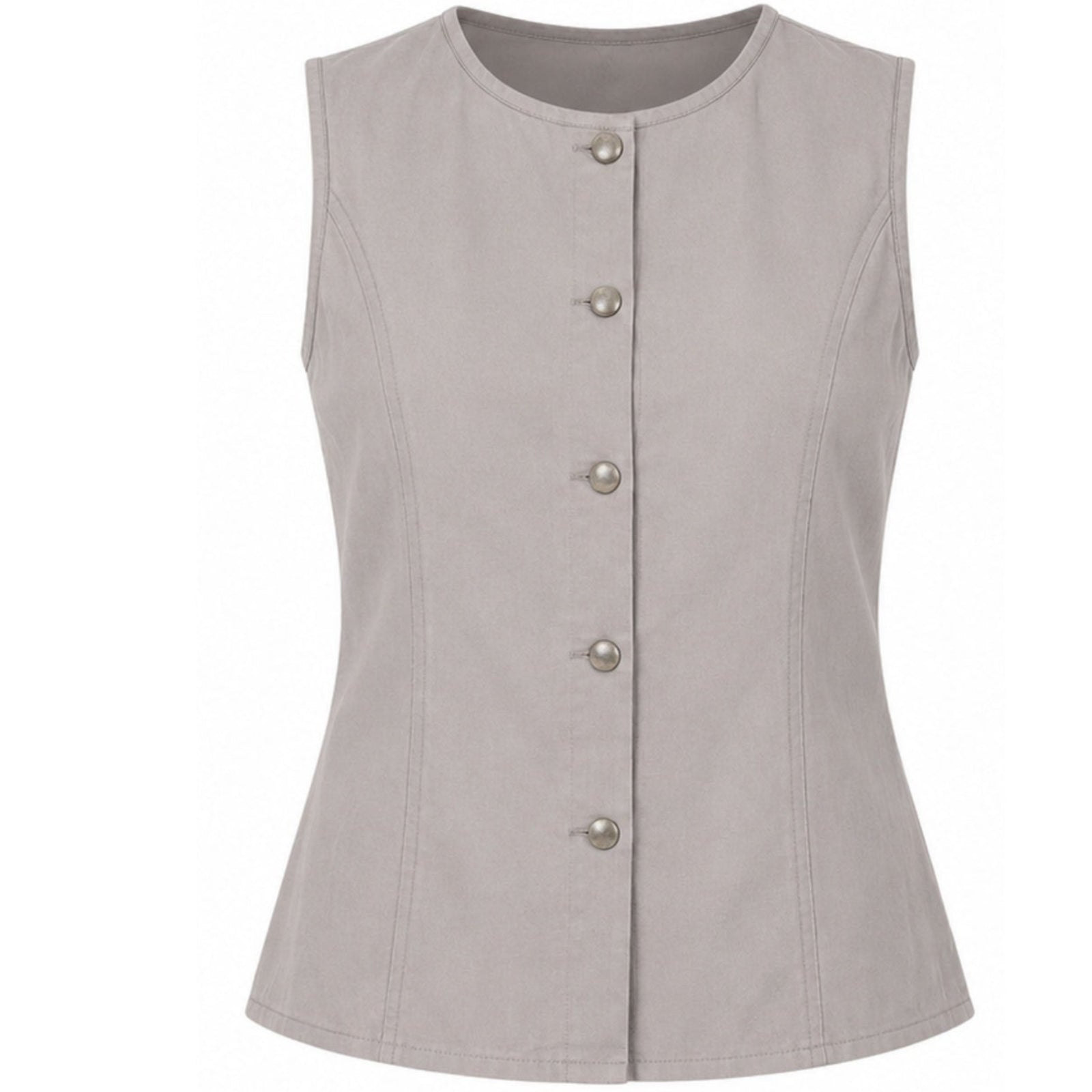 The Le Haut Sablier — Sable by SOEUR & FRÈRES is a sleeveless, light gray button-up vest featuring a round neckline and five silver buttons down the front. Crafted from smooth fabric, this piece offers a fitted silhouette that subtly sculpts the waist for a flattering look.