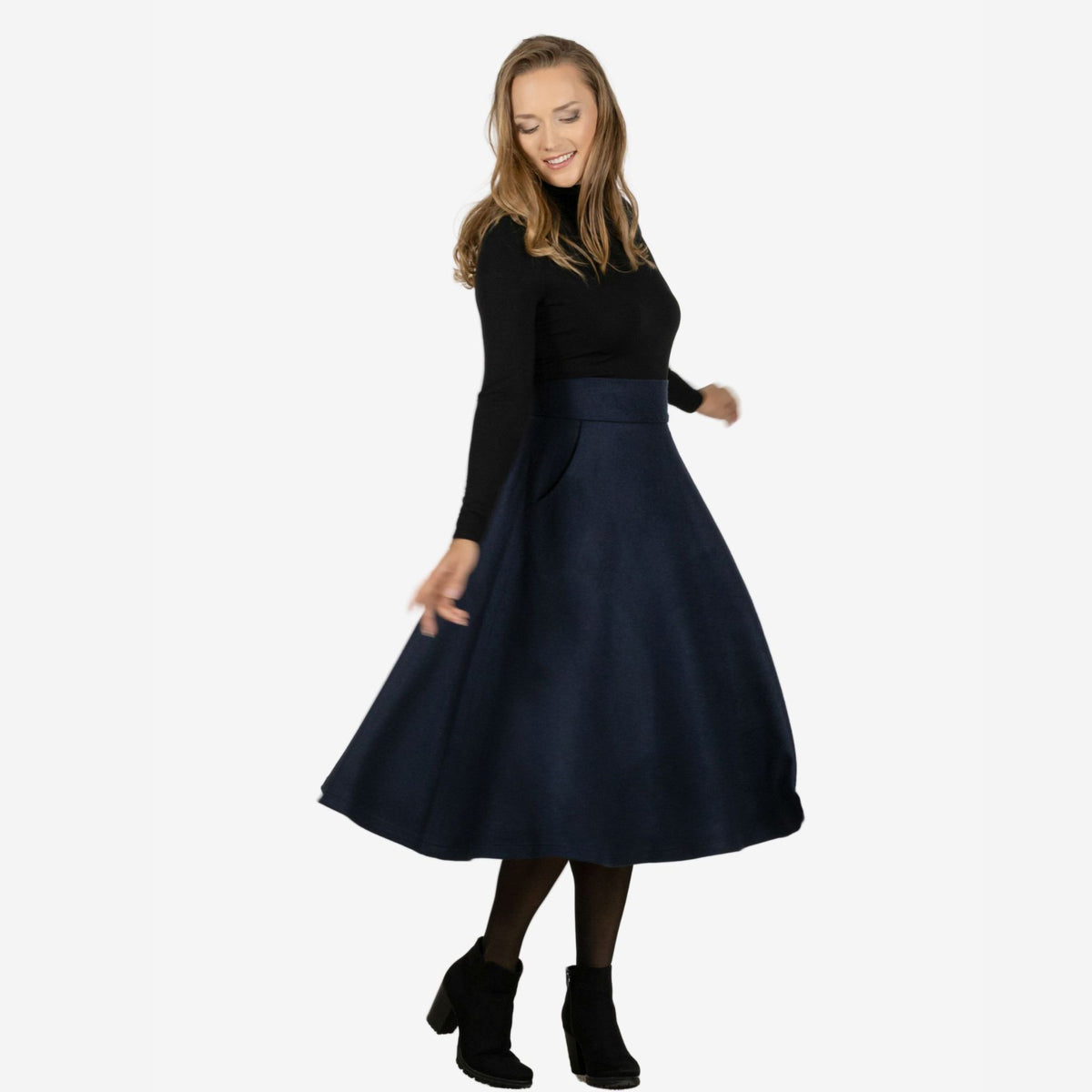 Lily Dark Blue Wool Midi Skirt