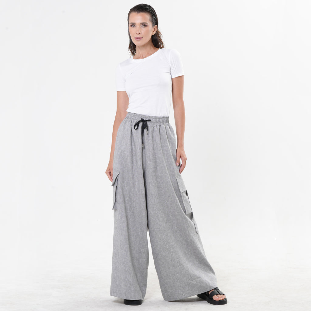 METAMORPHOZA - Gray Linen Cargo Palazzo Pants with Drawstring, buy at DOORS NYC