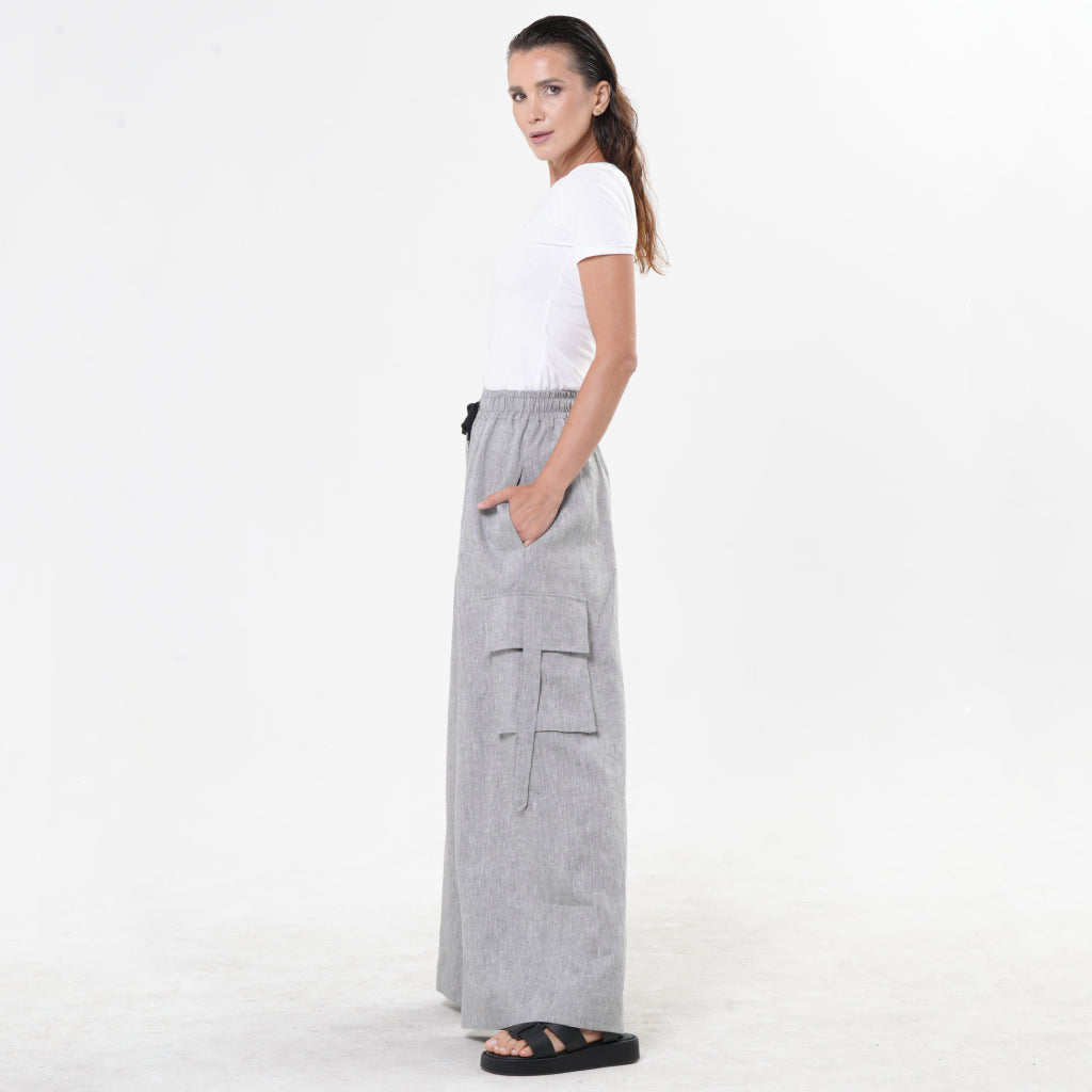 METAMORPHOZA - Gray Linen Cargo Palazzo Pants with Drawstring, buy at DOORS NYC