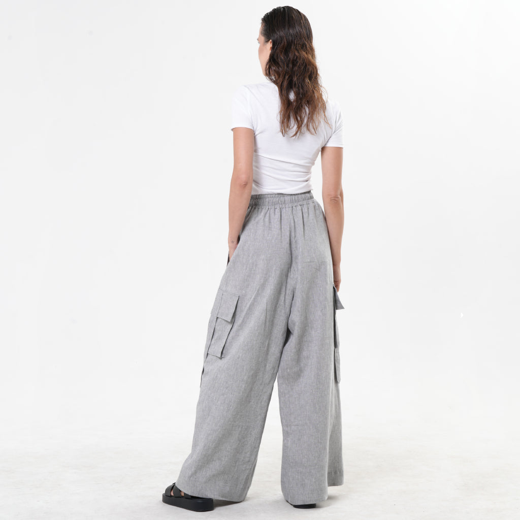 METAMORPHOZA - Gray Linen Cargo Palazzo Pants with Drawstring, buy at DOORS NYC