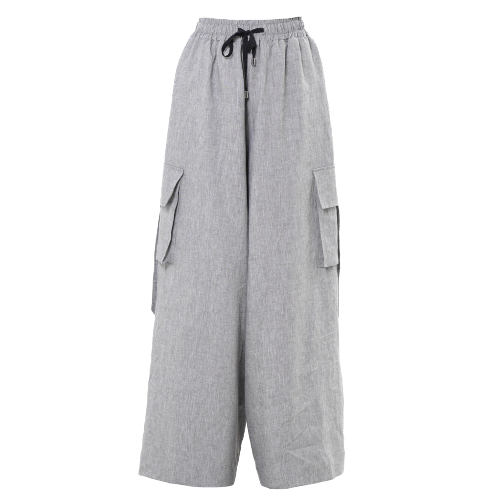 METAMORPHOZA - Gray Linen Cargo Palazzo Pants with Drawstring, buy at DOORS NYC