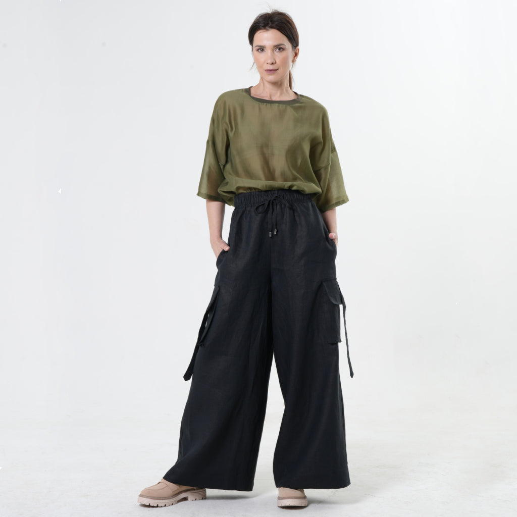 METAMORPHOZA - Black Linen Cargo Palazzo Pants with Drawstring, buy at DOORS NYC