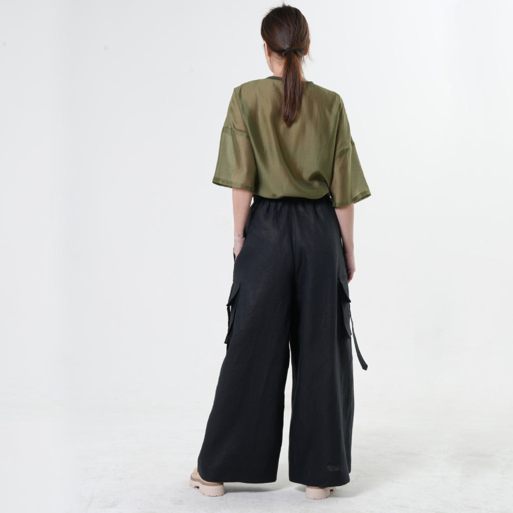 METAMORPHOZA - Black Linen Cargo Palazzo Pants with Drawstring, buy at DOORS NYC