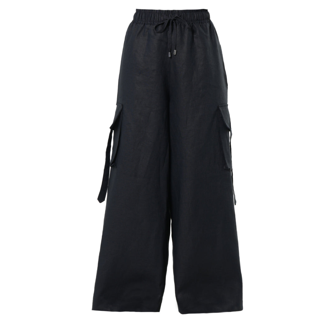 Wide-leg black linen cargo pants by METAMORPHOZA. Handmade with strap-detailed pockets and drawstring waist. Limited edition and summer-ready. Wide-leg black linen cargo pants by METAMORPHOZA. Handmade with strap-detailed pockets and drawstring waist. Limited edition and summer-ready.
