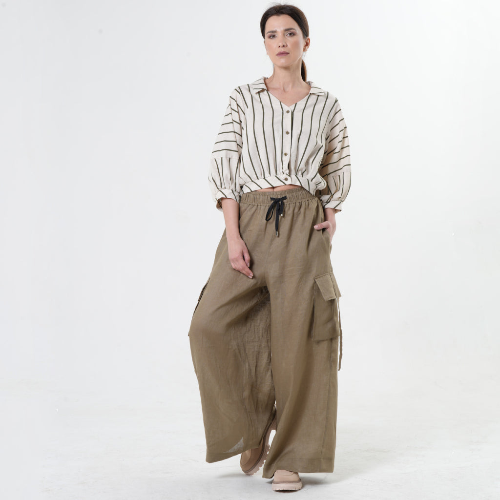 METAMORPHOZA - Linen Cargo Palazzo Pants | Khaki , buy at DOORS NYC
