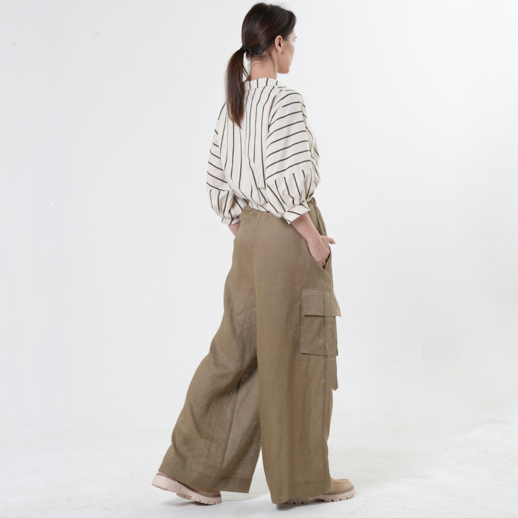 METAMORPHOZA - Linen Cargo Palazzo Pants | Khaki , buy at DOORS NYC