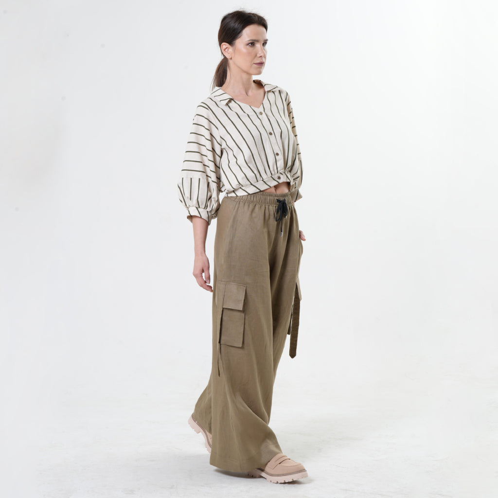 METAMORPHOZA - Linen Cargo Palazzo Pants | Khaki , buy at DOORS NYC