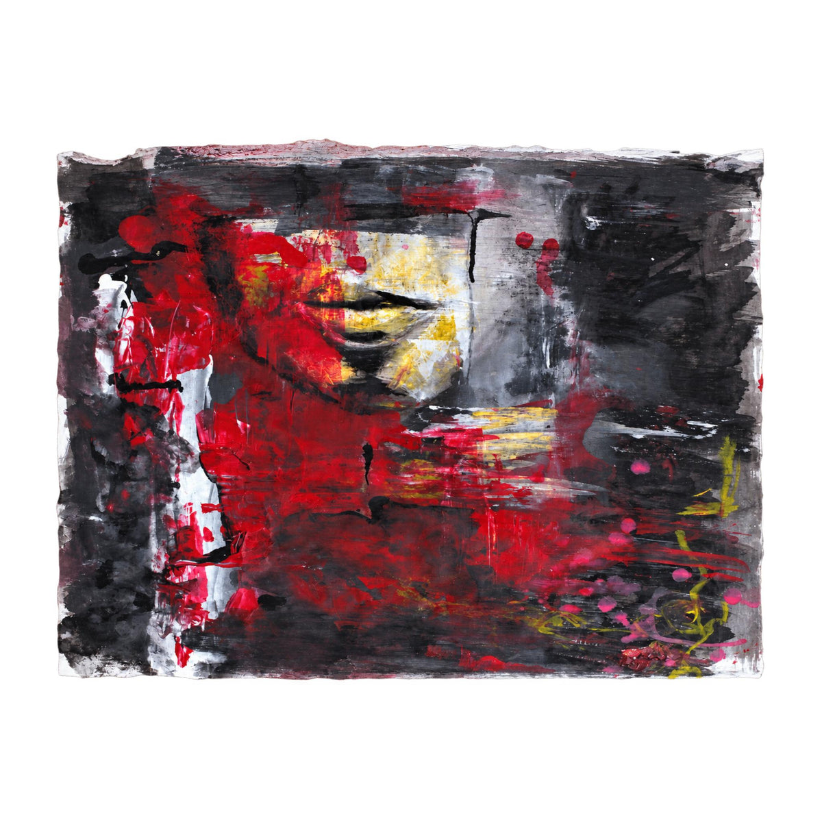 PATRICIA TUDOSA Lips, mixed media on paper in red, black and gray with a pair of ancient sculpted lips, 18 x 17 in, buy contemporary art at DOORS NYC