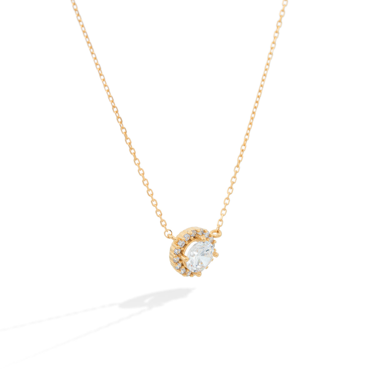 Gold Halo Pendant Lomière Necklace with Cubic Zirconia