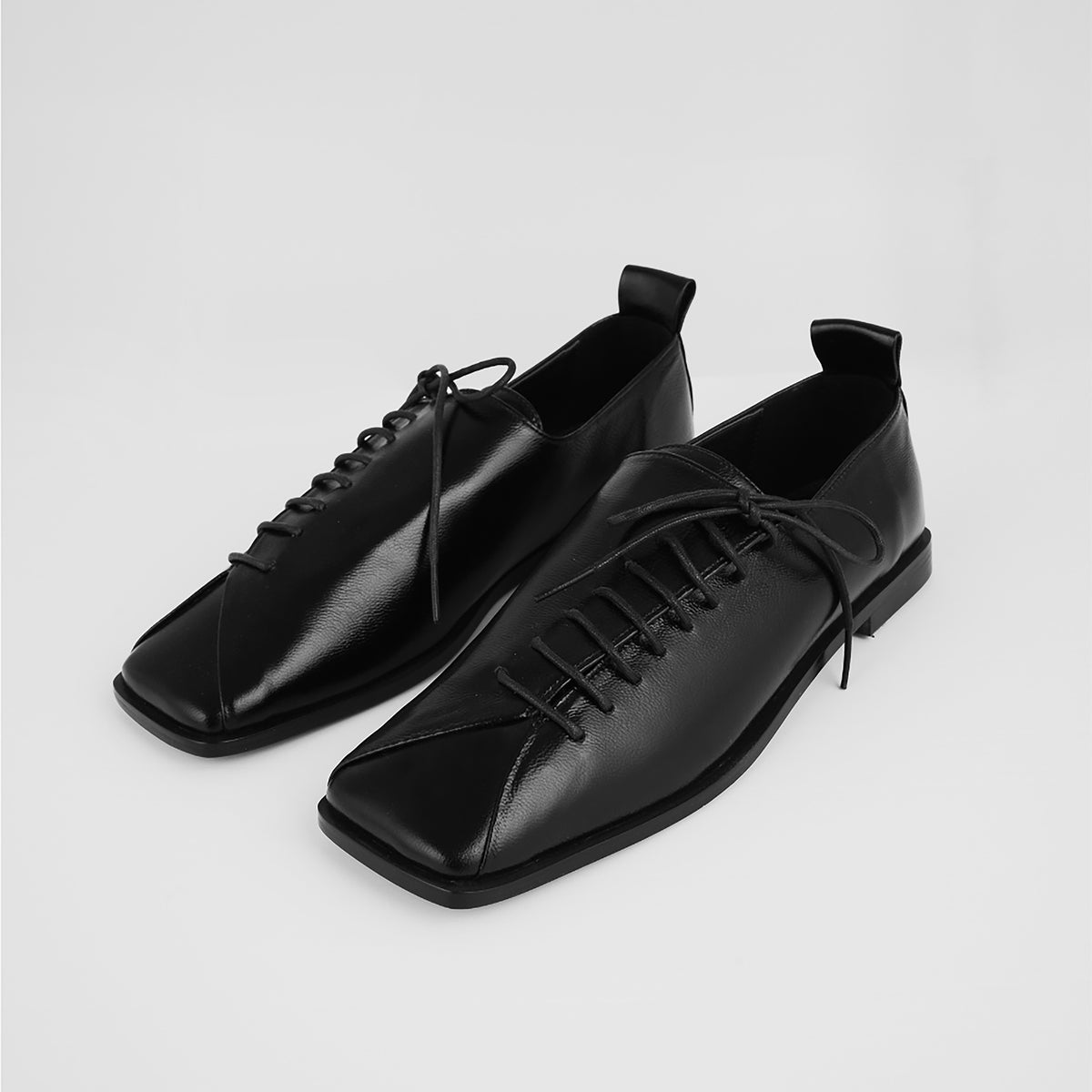 Black Leather Lace-Up Square Toe Shoes with Diagonal Design