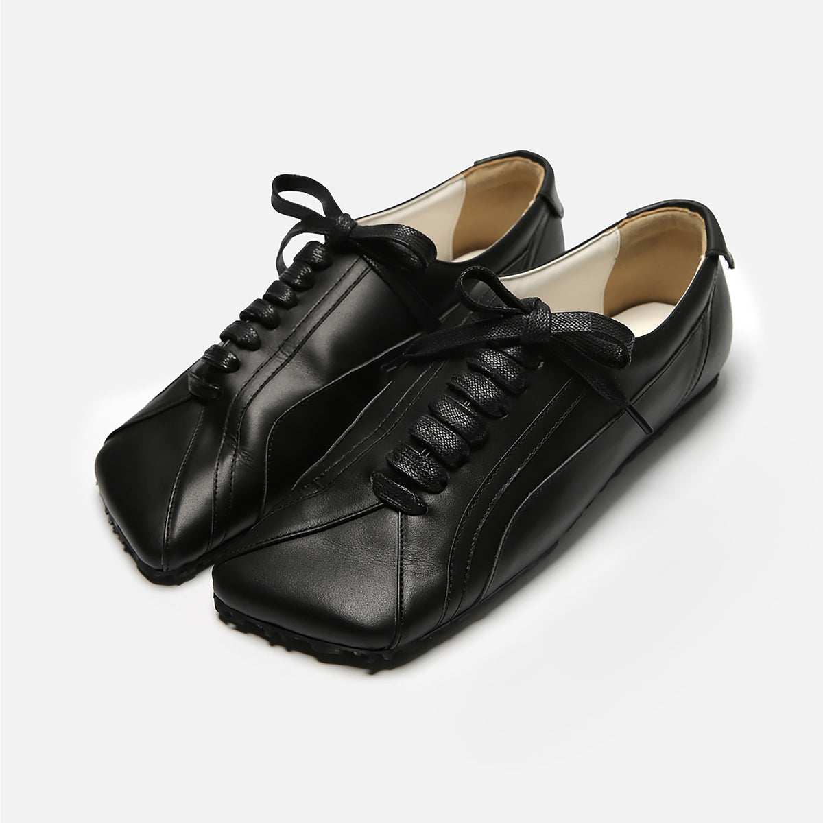 Black Matte Leather Diagonal Design Sneakers