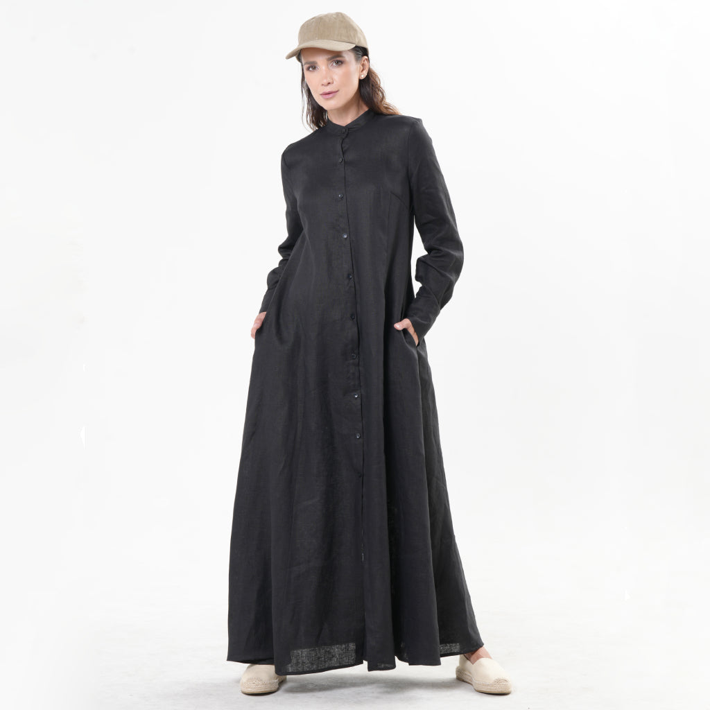 METAMORPHOZA - Black Long Sleeve Linen Maxi Dress with Button Front, buy at DOORS NYC