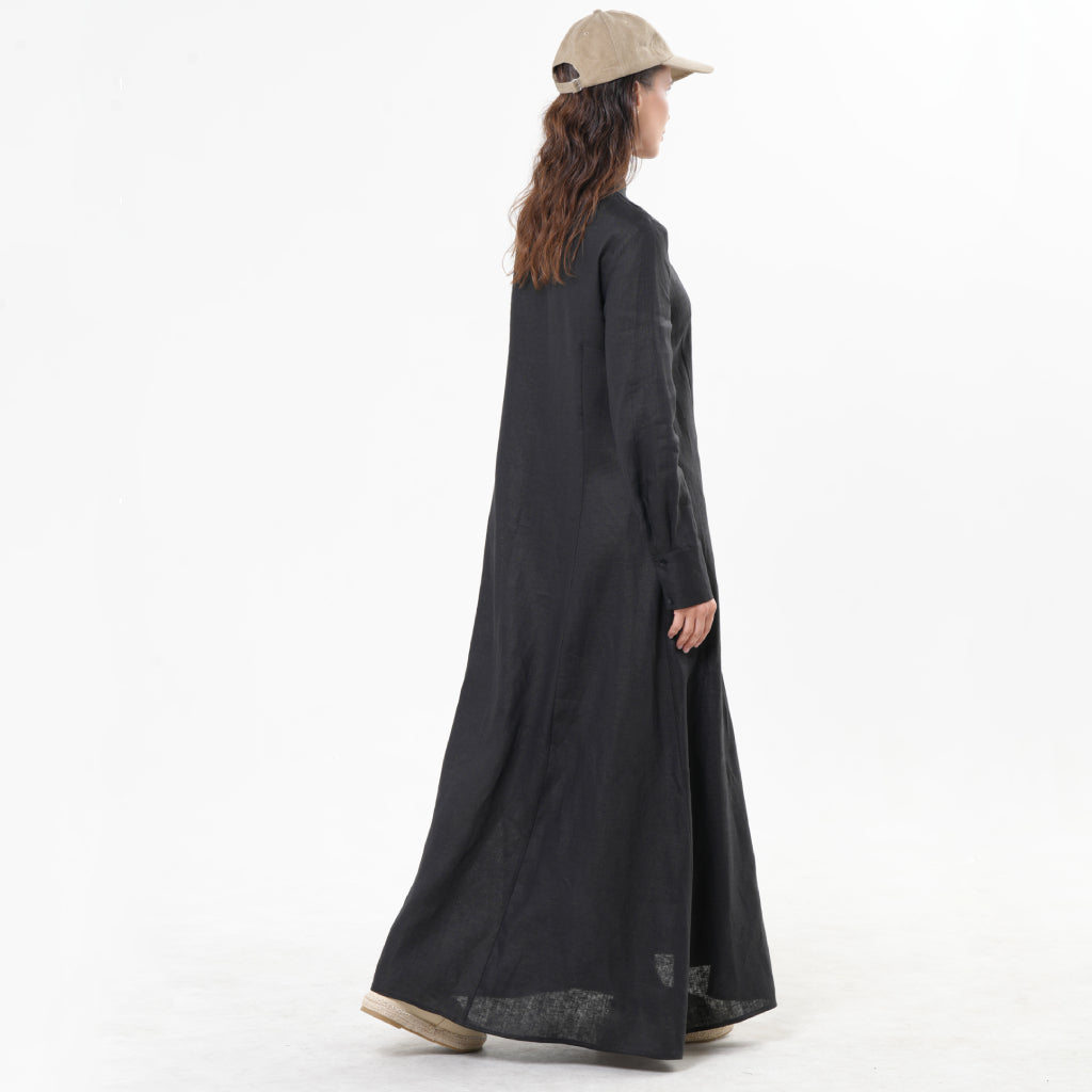 Black linen-cotton maxi dress by METAMORPHOZA. Long sleeves, structured collar, and A-line silhouette. Minimalist and made for day-to-night wear. S Black linen-cotton maxi dress by METAMORPHOZA. Long sleeves, structured collar, and A-line silhouette. Minimalist and made for day-to-night wear. S