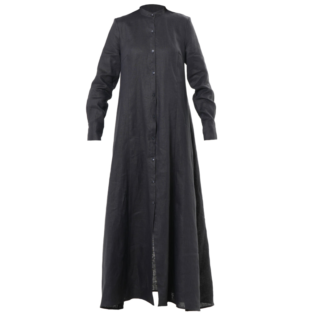 METAMORPHOZA - Black Long Sleeve Linen Maxi Dress with Button Front, buy at DOORS NYC