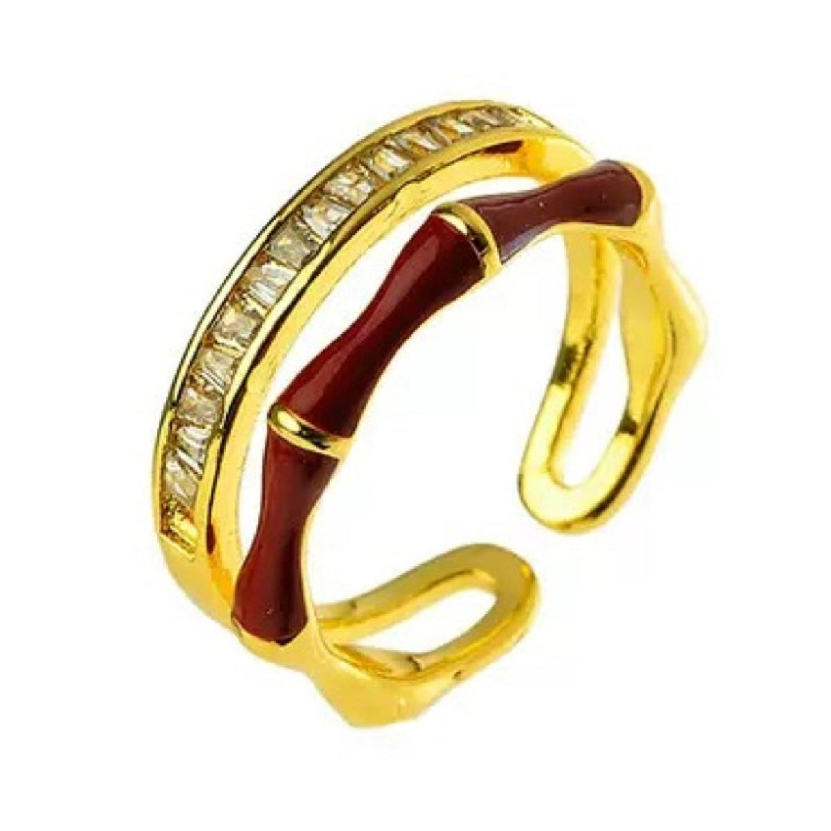 Gold ring with embedded stones on a white background