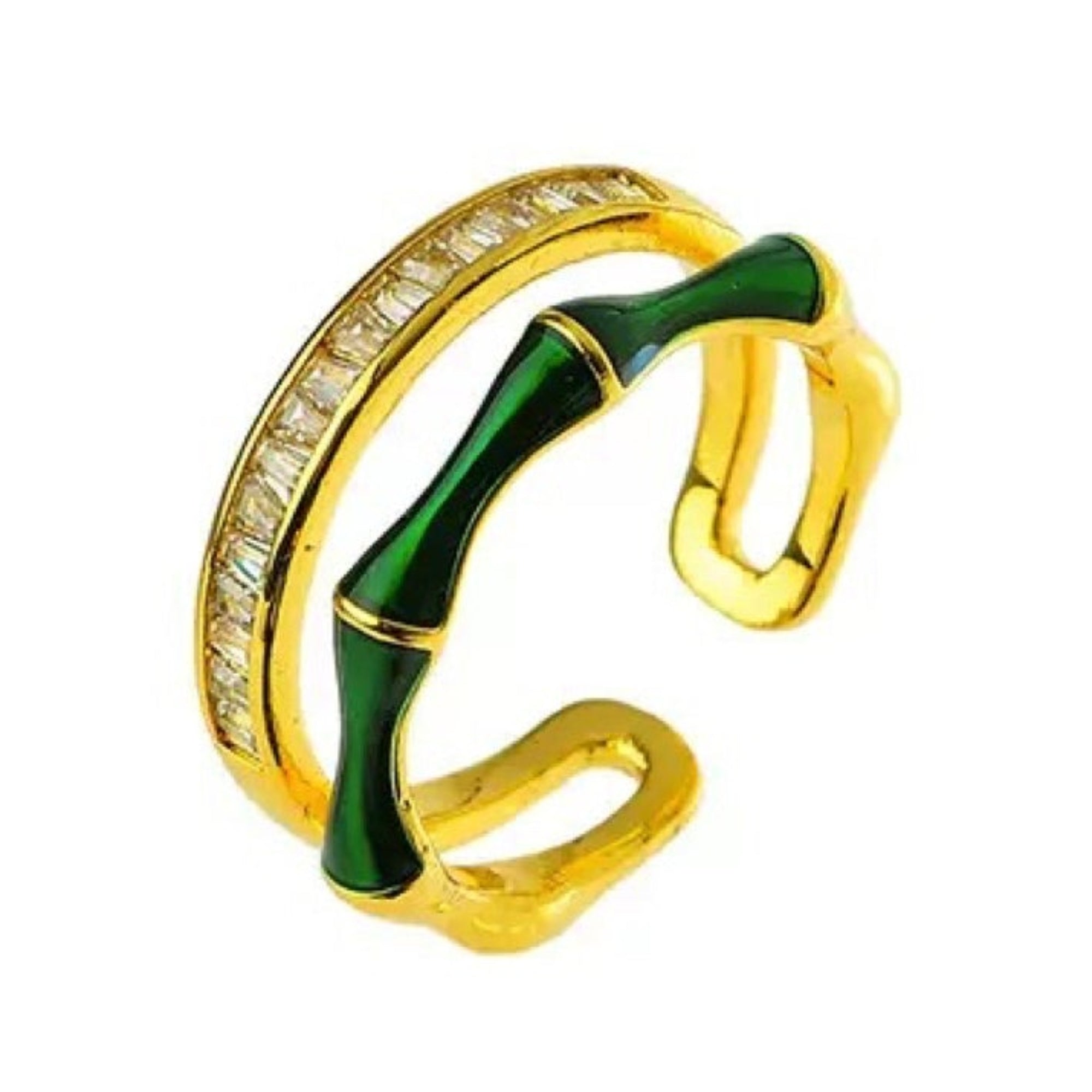 Gold and green open ring on a white background