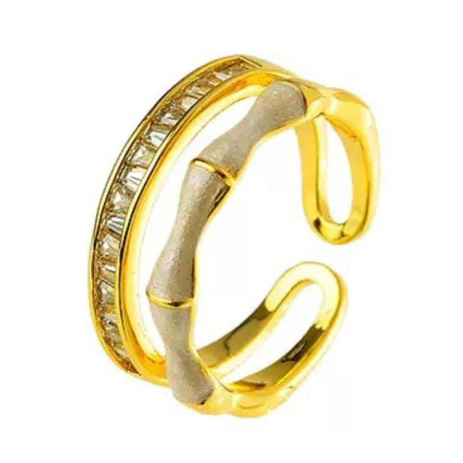 Gold open ring with embedded stones on a white background