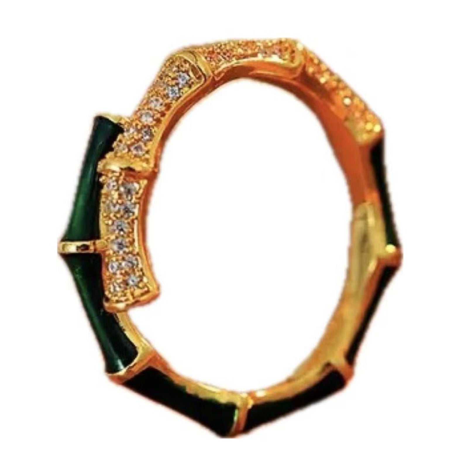 Gold and green jewelry piece on a white background