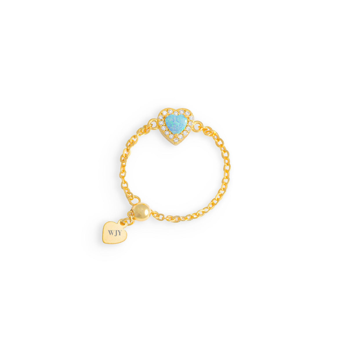 WJY STUDIO - Blue Opal Heart Birthstone Gold Zipper Ring, buy at DOORS NYC
