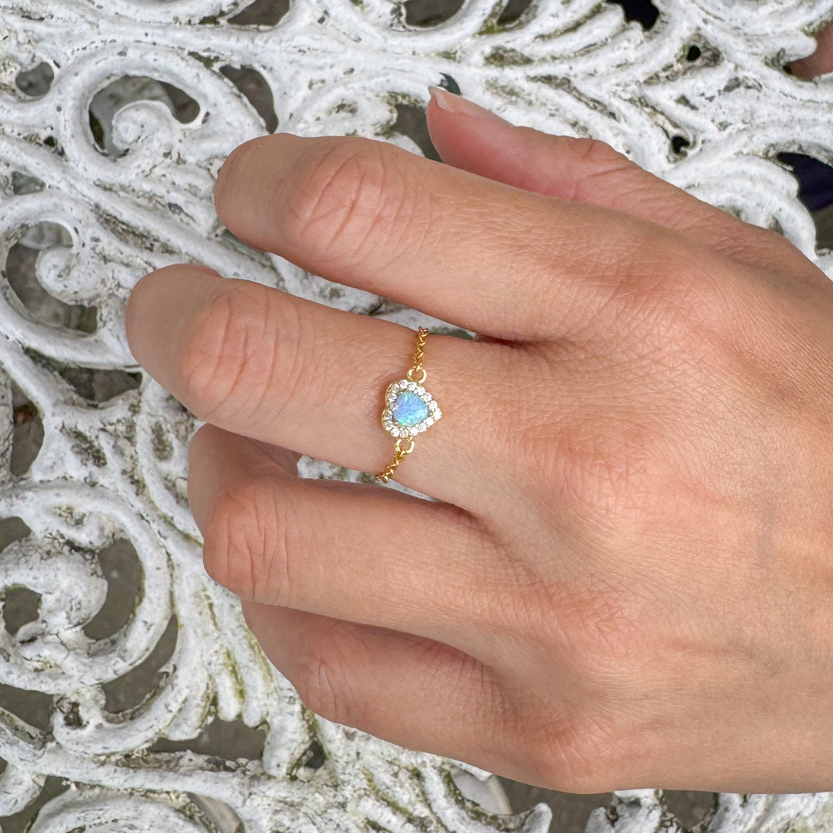 WJY STUDIO - Blue Opal Heart Birthstone Gold Zipper Ring, buy at DOORS NYC