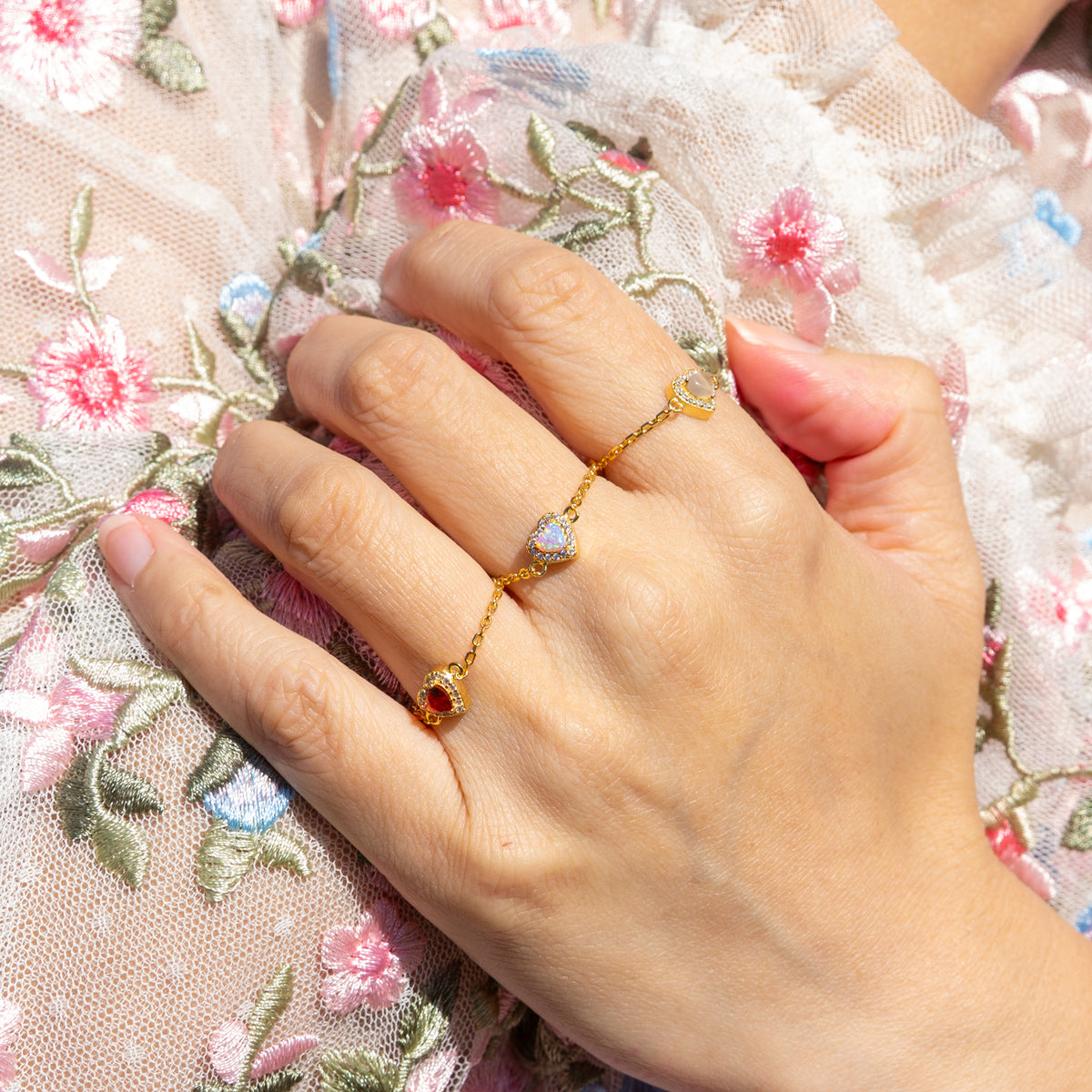 WJY STUDIO - Pink Opal Heart Birthstone Gold Zipper Ring, buy at DOORS NYC