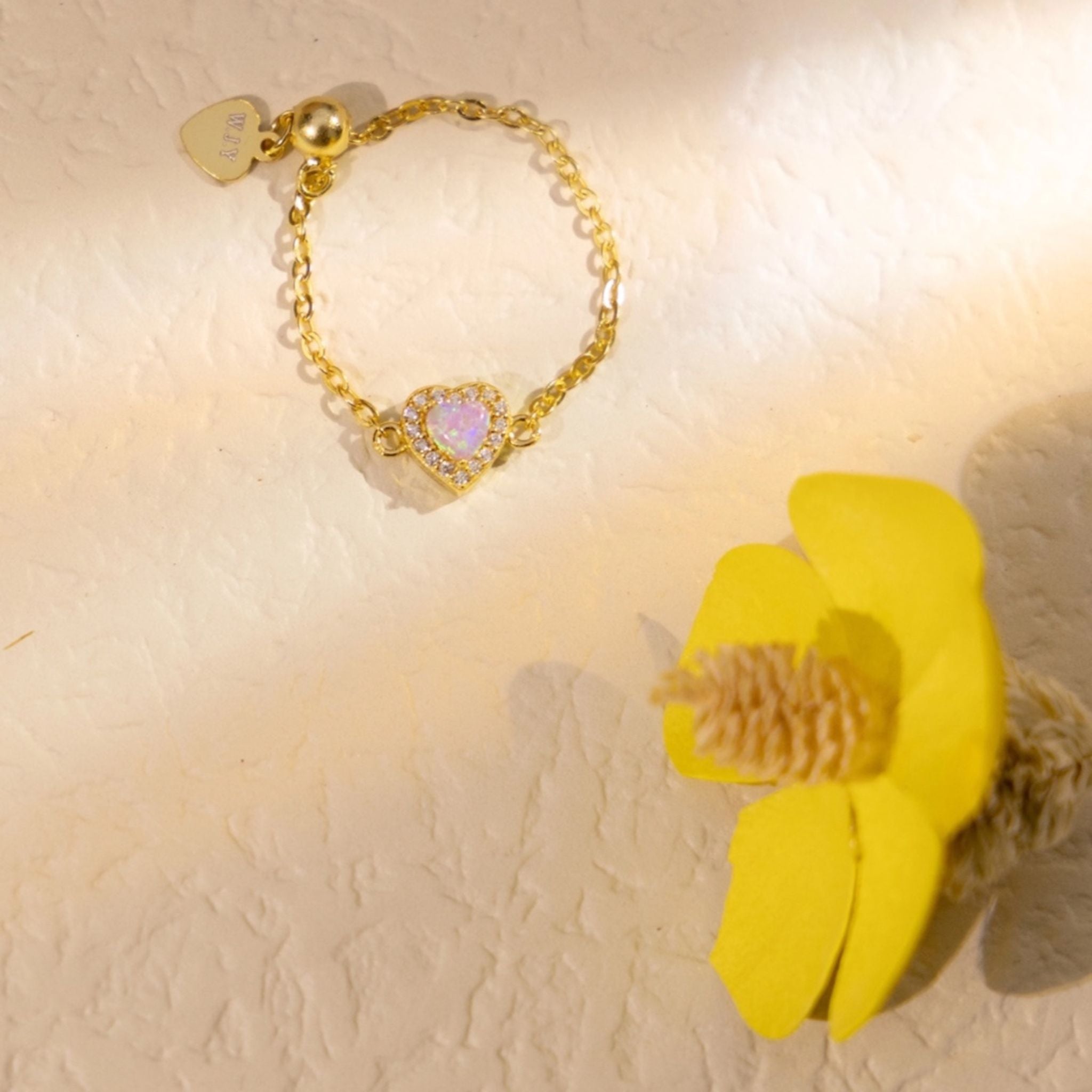 WJY STUDIO - Pink Opal Heart Birthstone Gold Zipper Ring, buy at DOORS NYC