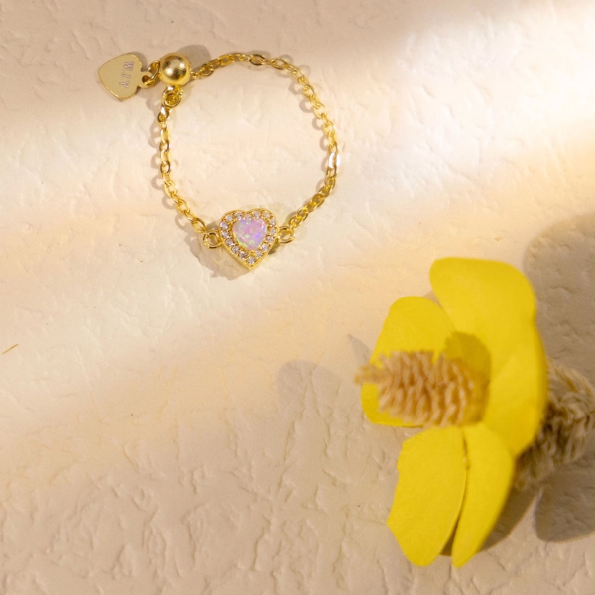 WJY STUDIO - Pink Opal Heart Birthstone Gold Zipper Ring, buy at DOORS NYC