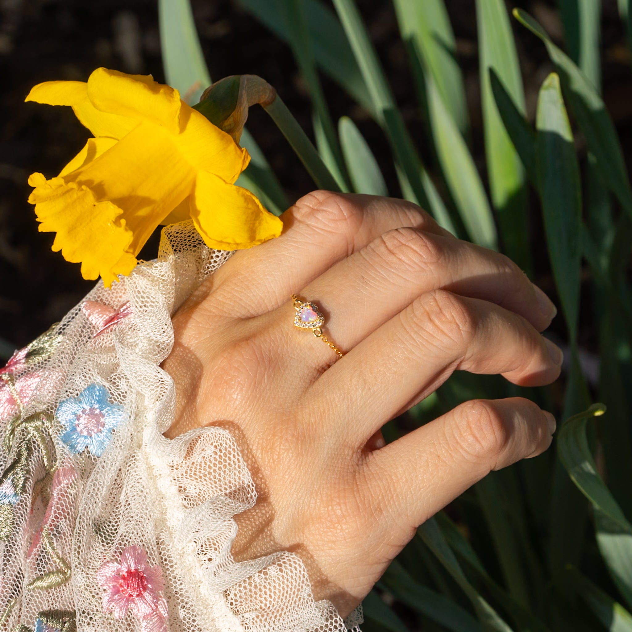 WJY STUDIO - Pink Opal Heart Birthstone Gold Zipper Ring, buy at DOORS NYC