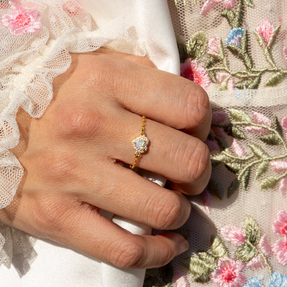 WJY STUDIO - Pink Opal Heart Birthstone Gold Zipper Ring, buy at DOORS NYC