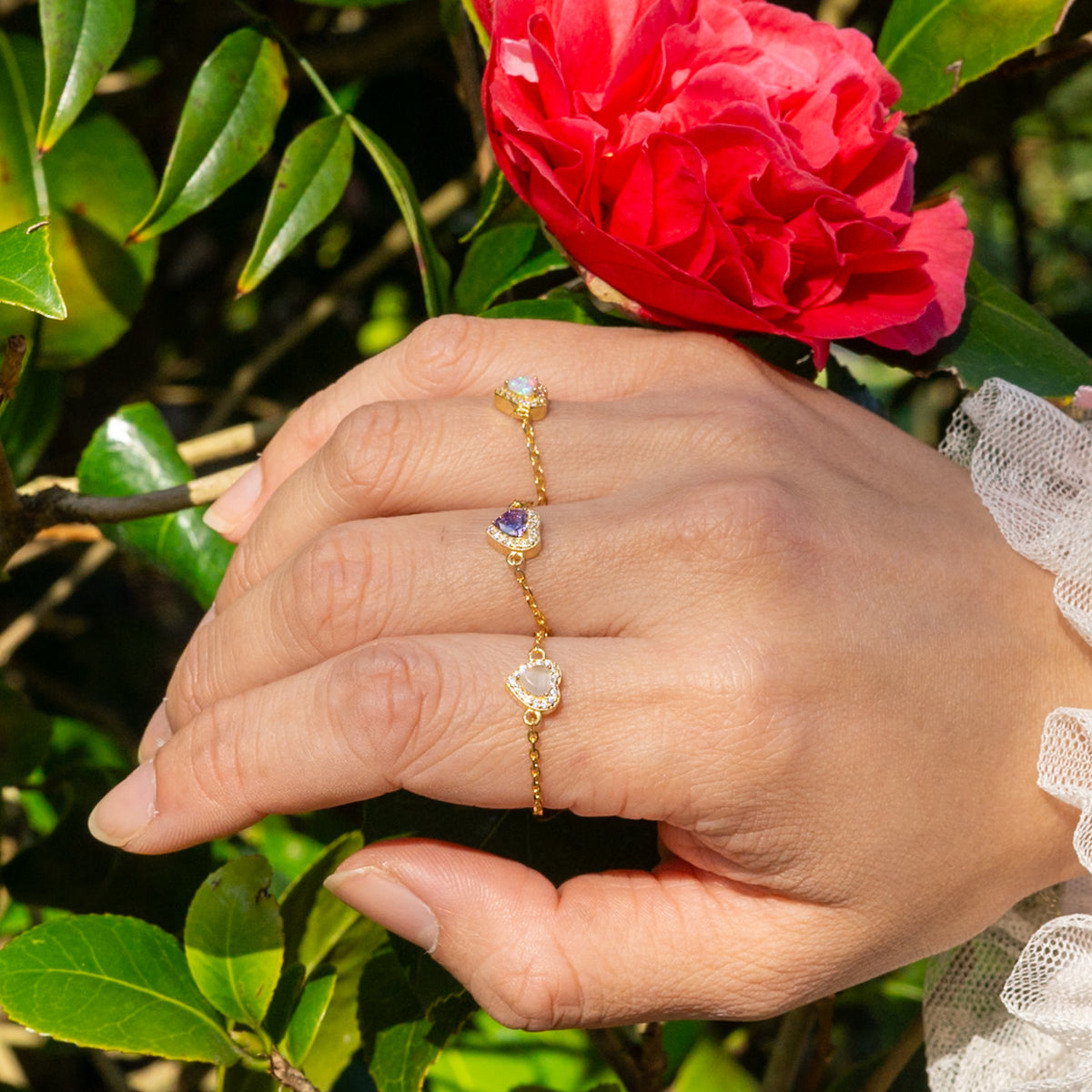 WJY STUDIO - Pink Opal Heart Birthstone Gold Zipper Ring, buy at DOORS NYC