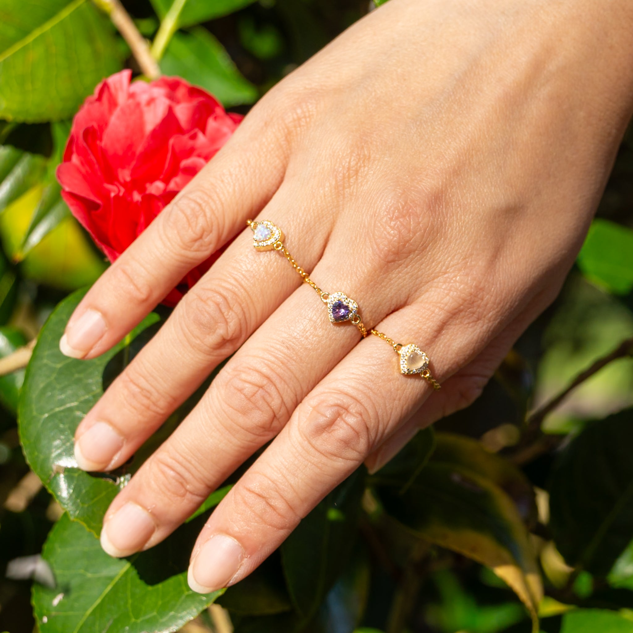 WJY STUDIO - Pink Opal Heart Birthstone Gold Zipper Ring, buy at DOORS NYC